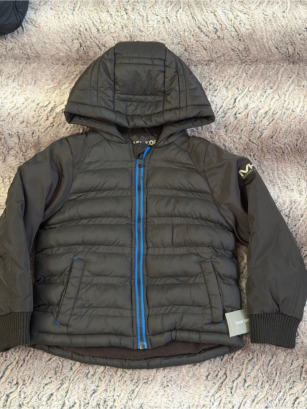 Michael Kors Black Puffer Jacket with Blue Zipper Trim